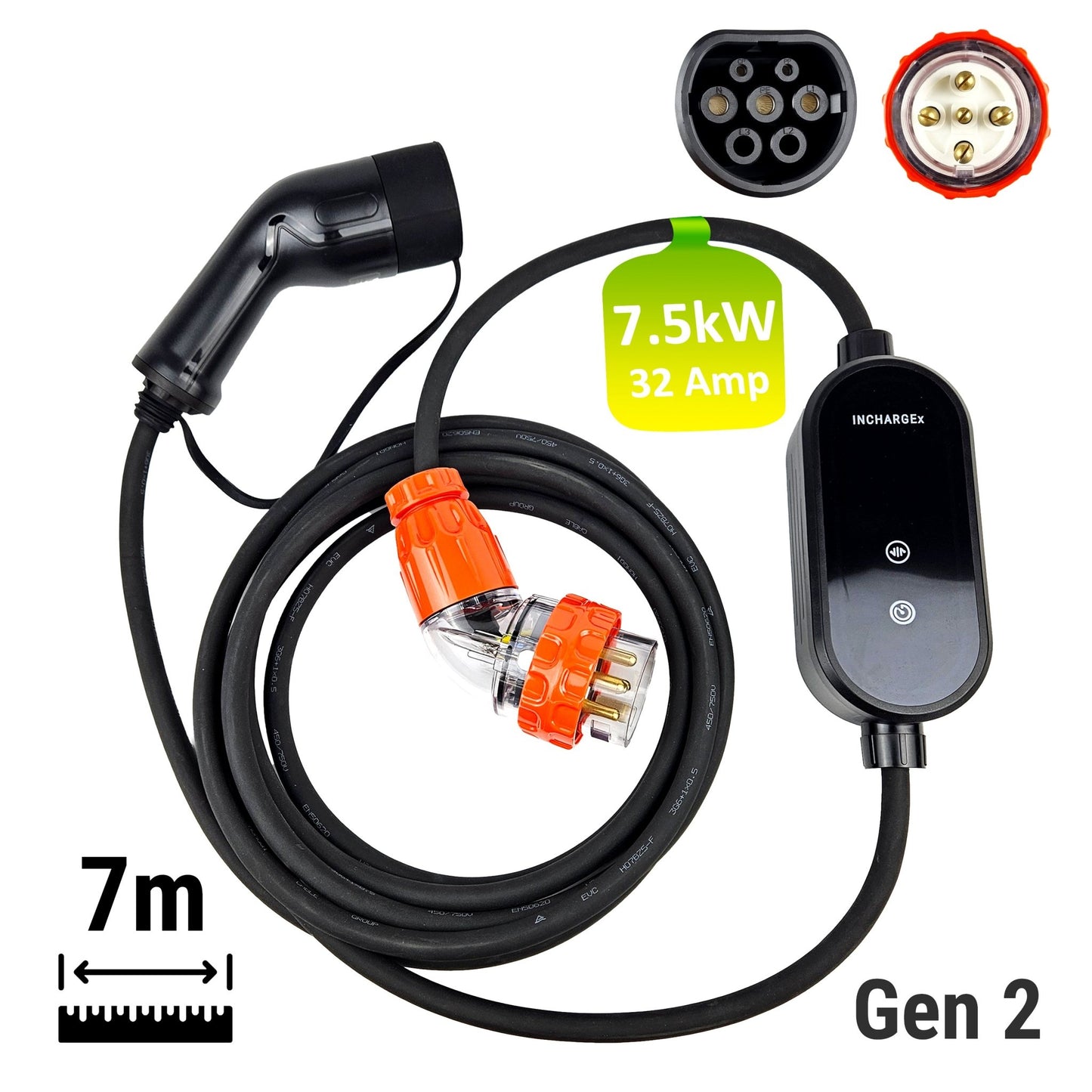 INCHARGEx Premium 32A 7kW Gen 2 Portable EV Charger | 5pin Tail | 7m | Single Phase | Built-in RCD Type B/TypeA+DC6mA | Type 2 Universal Mobile EVSE Max Power Adjustable EV Home Charger Fit Tesla Model 3 Model Y | BYD | MG | Polestar EV Level 2 Mennekes