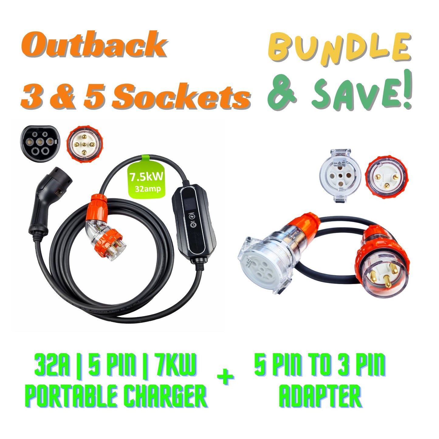 INCHARGEx Outback 3&5 Bundle 32A 5pin Single Phase 7kW Portable EV Charger & 5 Pin Female to 3 Pin Male Adapter Cable
