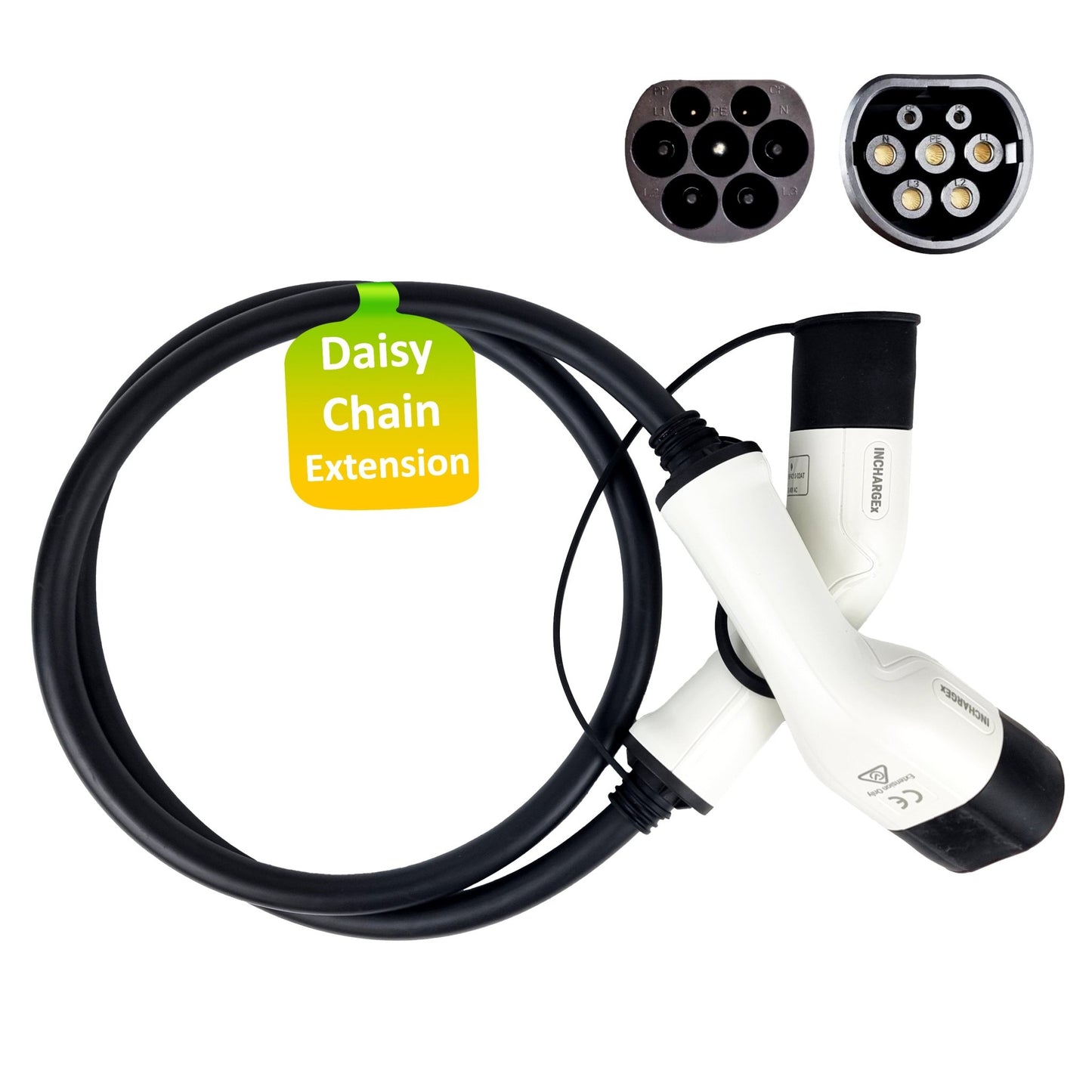 The INCHARGEx 10M Reach Bundle Swappable Tails 10A 15A 32A FlexSwap Charger & 22kW Daisy Chain Type 2 Cable 5m