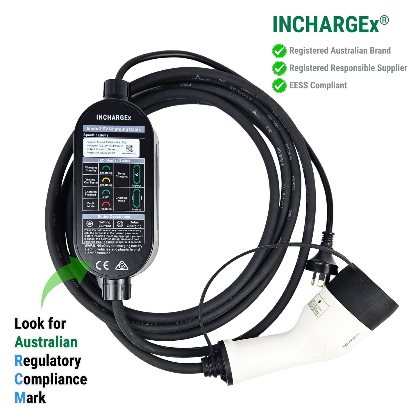 INCHARGEx 10A Gen 2 Portable EV Charger | 3Pin | 2kW | Type 2 | 5.5m Built-in RCD Type B/TypeA+DC6mA | Max Power Adjustable Fit Tesla BYD MG EV Universal EV Charger