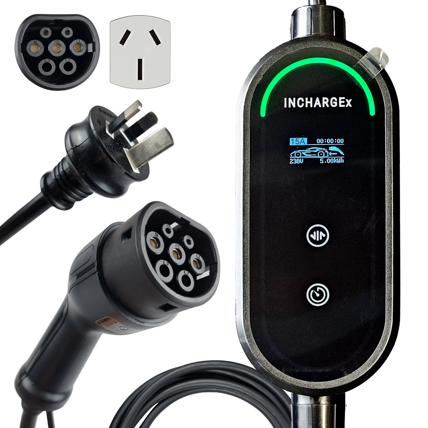 INCHARGEx 15A Gen 2 Portable EV Charger | 3 Pin | 3.4kW | Type 2 Australia Plug 5.5 metres | Built-in RCD Type B/TypeA+DC6mA | Max Power Adjustable Fit Tesla BYD MG EV Universal EV Charger