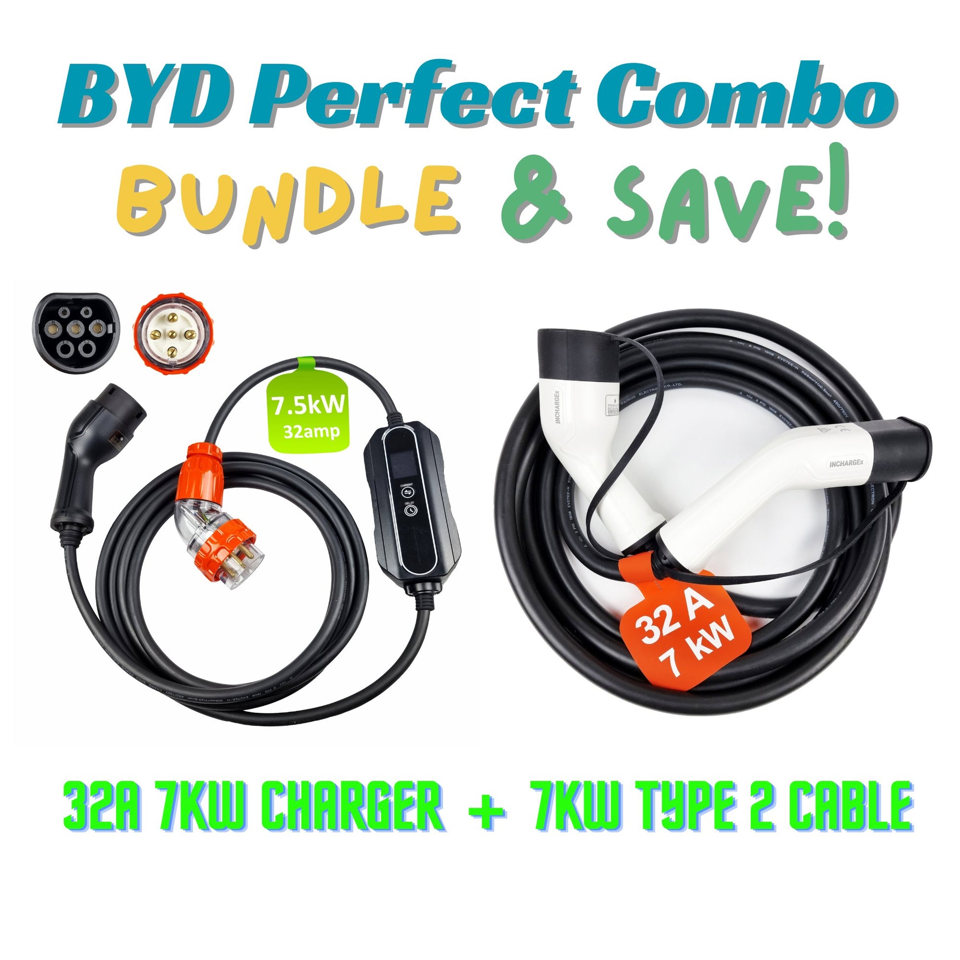 INCHARGEx BYD Perfect Combo 32A 5pin Single Phase 7kW Portable EV Charger & 32A 7kW Type 2 to Type 2 Charging Cable - INCHARGEx