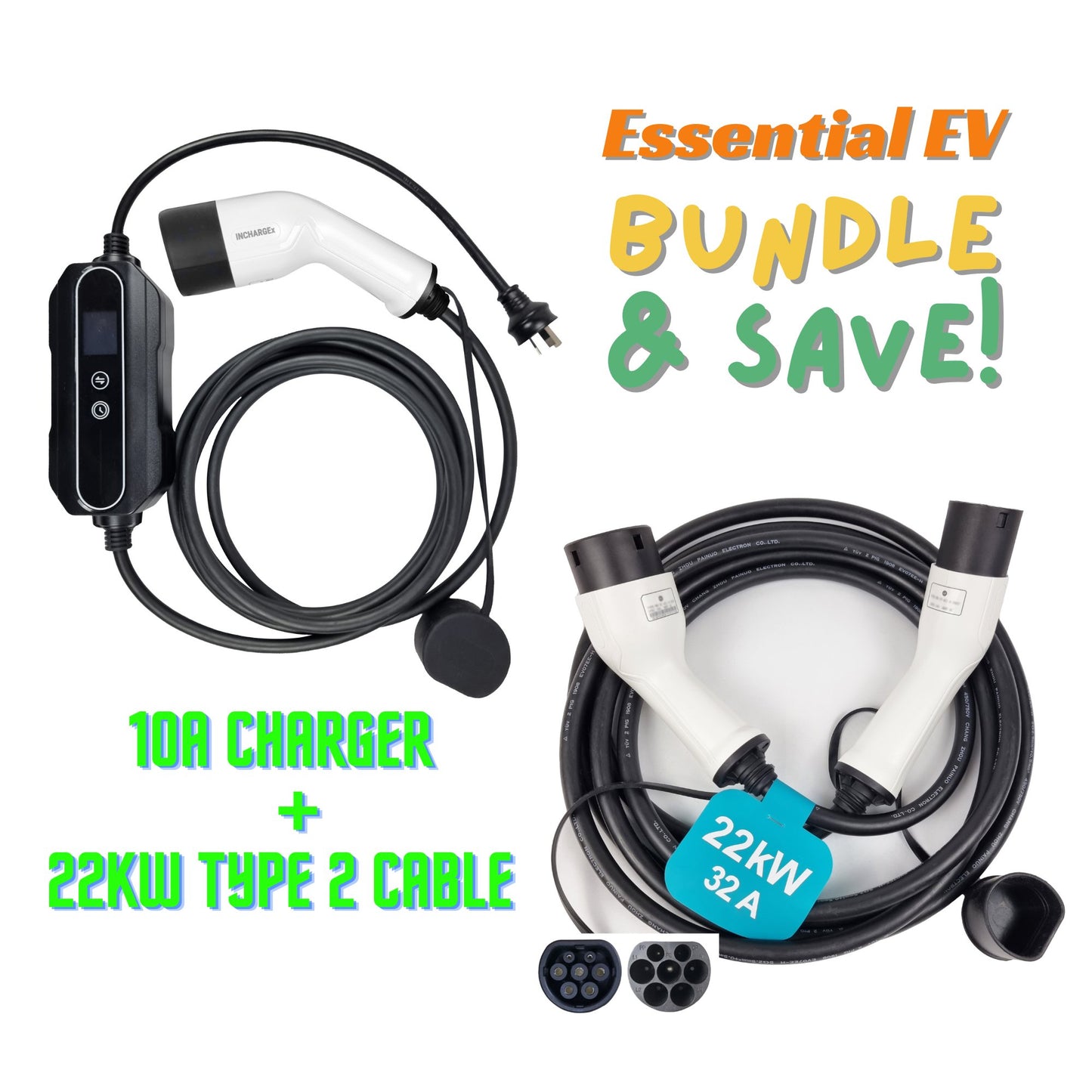 INCHARGEx Essential EV Bundle 10A Charger & 22kW Type 2 Cable - INCHARGEx