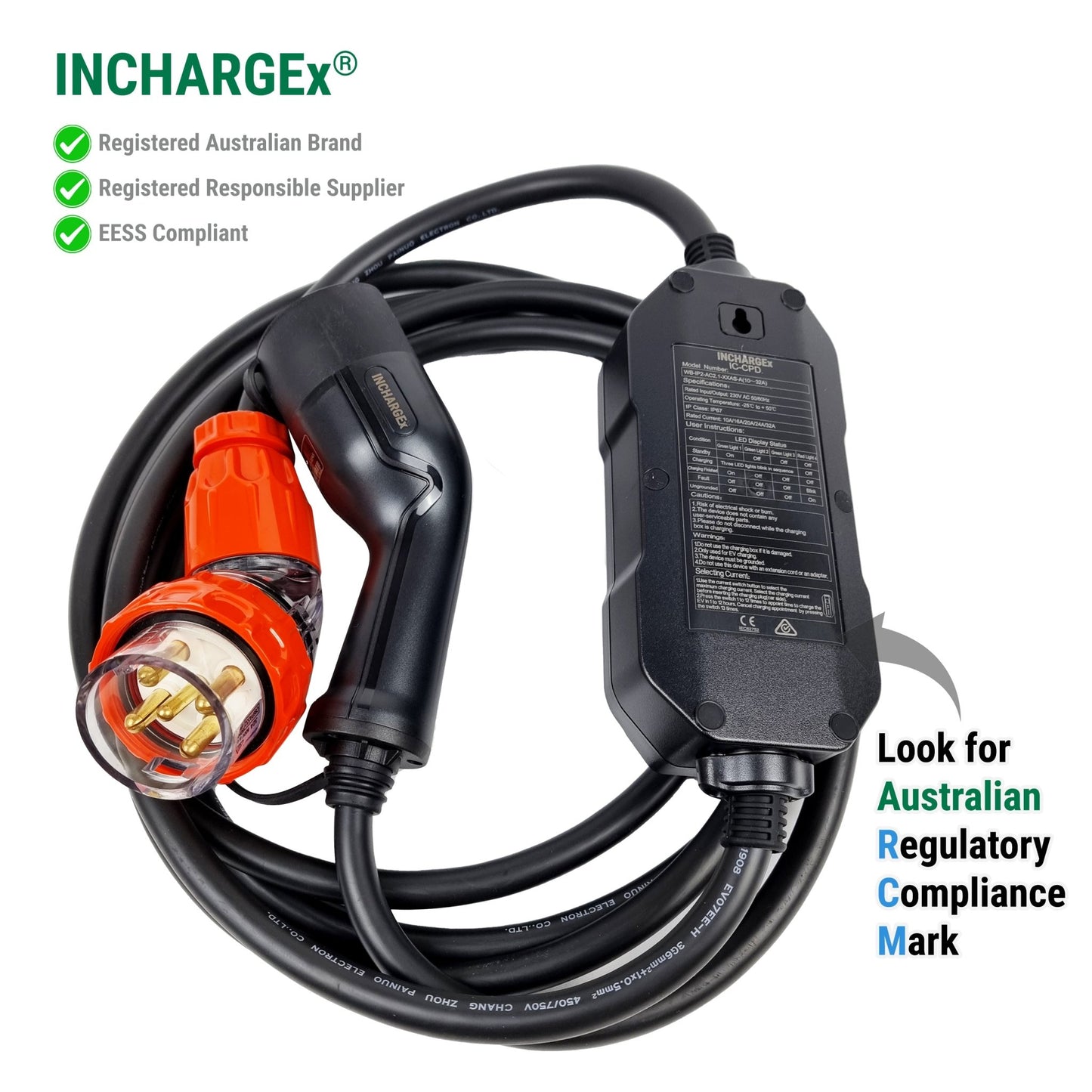 INCHARGEx Premium Portable EV Charger 32amp | 5pin Tail | Single Phase | 7kW | Type 2 Universal Mobile EVSE Max Power Adjustable 5m EV Home Charger Fit Tesla Model 3 | Model Y | BYD Atto 3 | MG Polestar EV Level 2 Mennekes - INCHARGEx