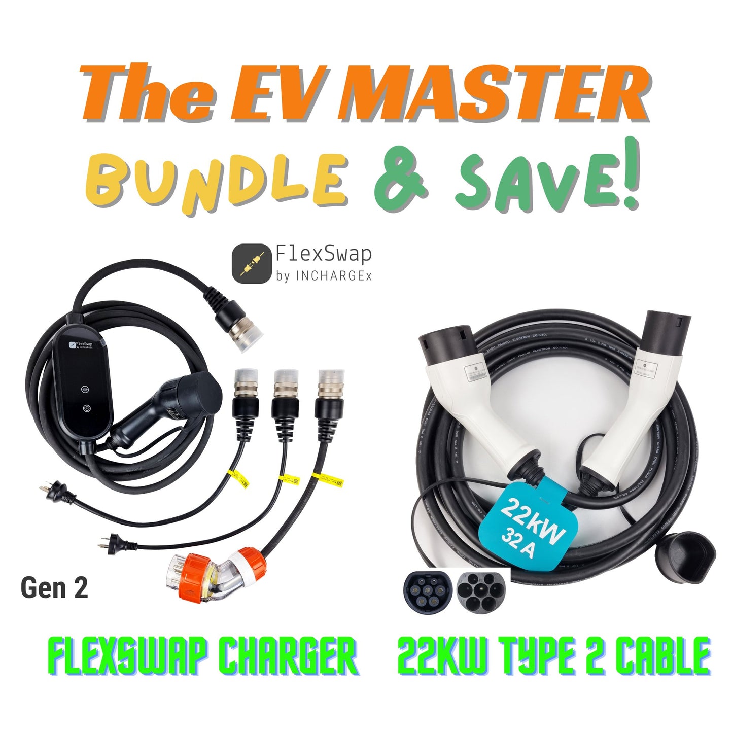 INCHARGEx EV MASTER Bundle Swappable Tails 10A 15A 32A Portable Charger & 22kW Type 2 Cable