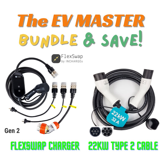 INCHARGEx EV MASTER Bundle Swappable Tails 10A 15A 32A Portable Charger & 22kW Type 2 Cable