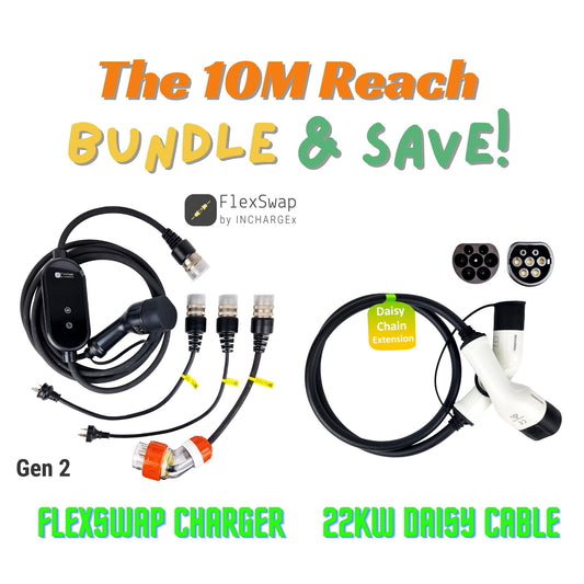 The INCHARGEx 10M Reach Bundle Swappable Tails 10A 15A 32A FlexSwap Charger & 22kW Daisy Chain Type 2 Cable 5m