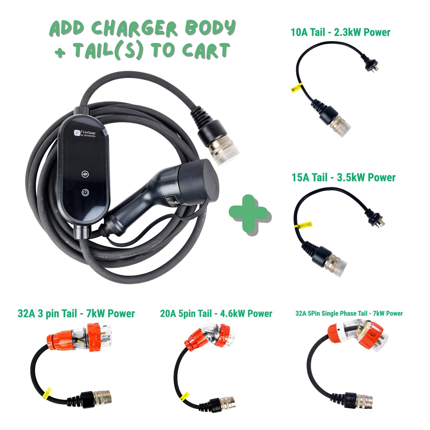 INCHARGEx Build Your Own EV Charger FlexSwap Gen 2 Swappable Tails 10A | 15A | 20A | 32A 7kW to Type 2 Portable EV Charger Body Only 5m Length