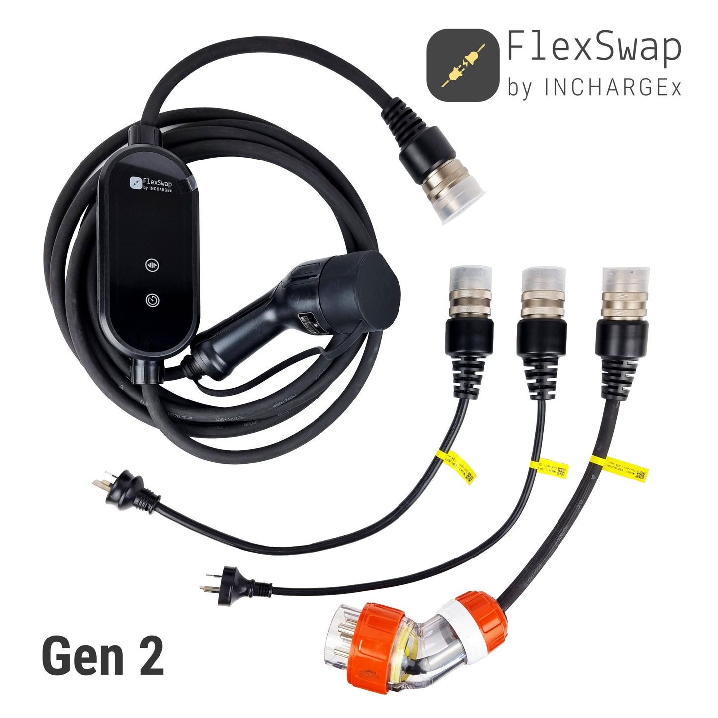 The INCHARGEx 10M Reach Bundle Swappable Tails 10A 15A 32A FlexSwap Charger & 22kW Daisy Chain Type 2 Cable 5m