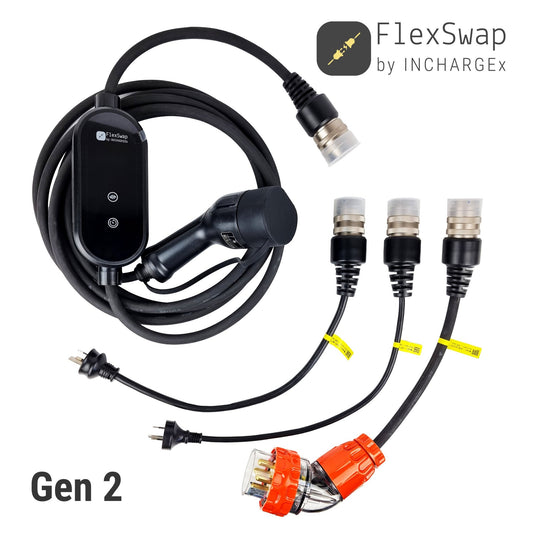 INCHARGEx FlexSwap Gen 2 Swappable Tails 10A | 15A | 32A to Type 2 Portable EV Charger Kit | Built-in RCD Type B/TypeA+DC6mA | Fit Tesla BYD Polestar MG EV 2kW 3.5kW 7kW | 5.5m