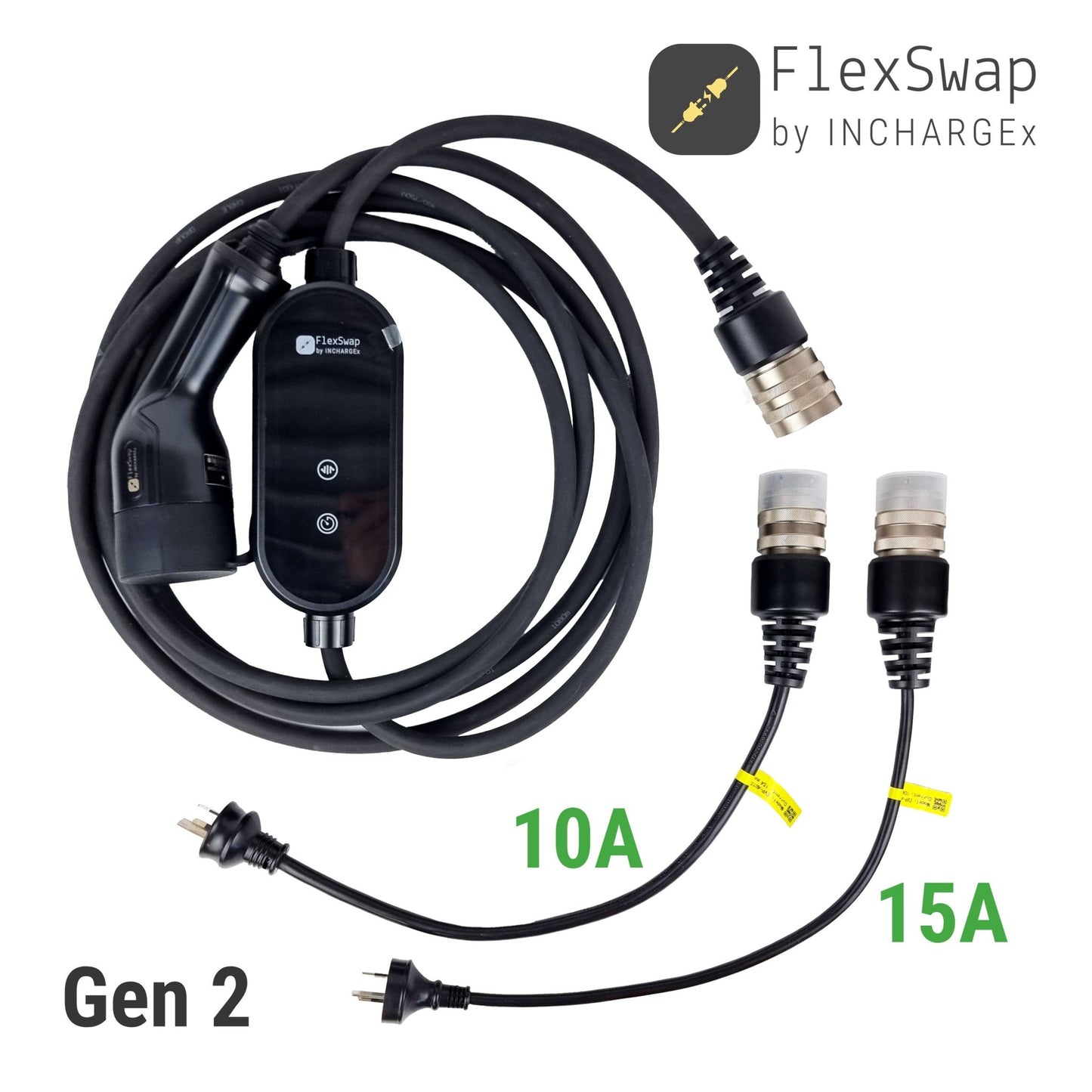 INCHARGEx FlexSwap Gen 2 Swappable Tails 10A | 15A to Type 2 Portable Backup Travel EV Charger Kit | Built-in RCD Type B/TypeA+DC6mA | Fit EVs 2kW 3.5kW | 5.5m