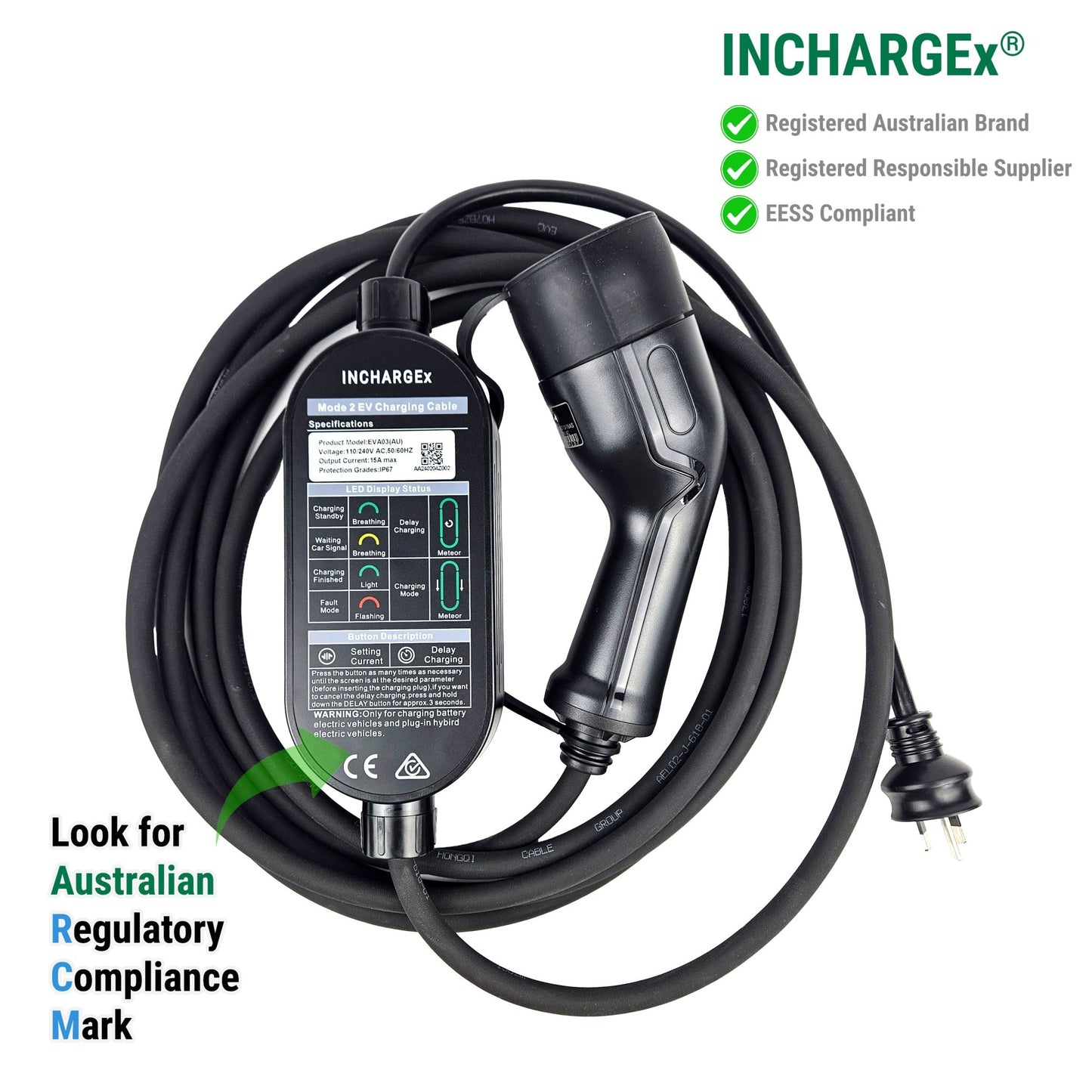 INCHARGEx 15A Gen 2 Portable EV Charger | 3 Pin | 3.4kW | Type 2 Australia Plug 5.5 metres | Built-in RCD Type B/TypeA+DC6mA | Max Power Adjustable Fit Tesla BYD MG EV Universal EV Charger