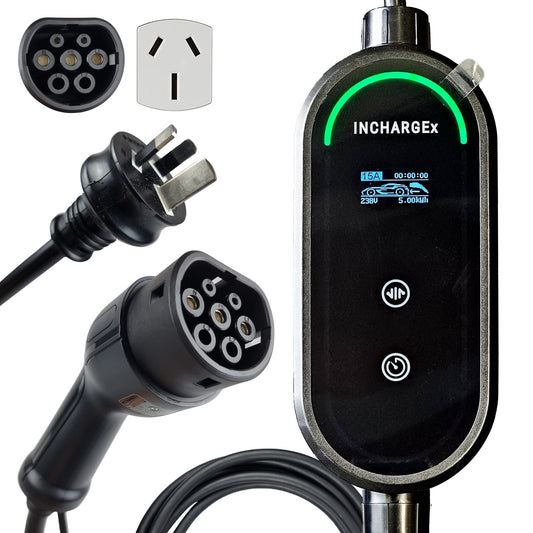 INCHARGEx 15A Gen 2 Portable EV Charger | 3 Pin | 3.4kW | Type 2 Australia Plug 5.5 metres | Built-in RCD Type B/TypeA+DC6mA | Max Power Adjustable Fit Tesla BYD MG EV Universal EV Charger