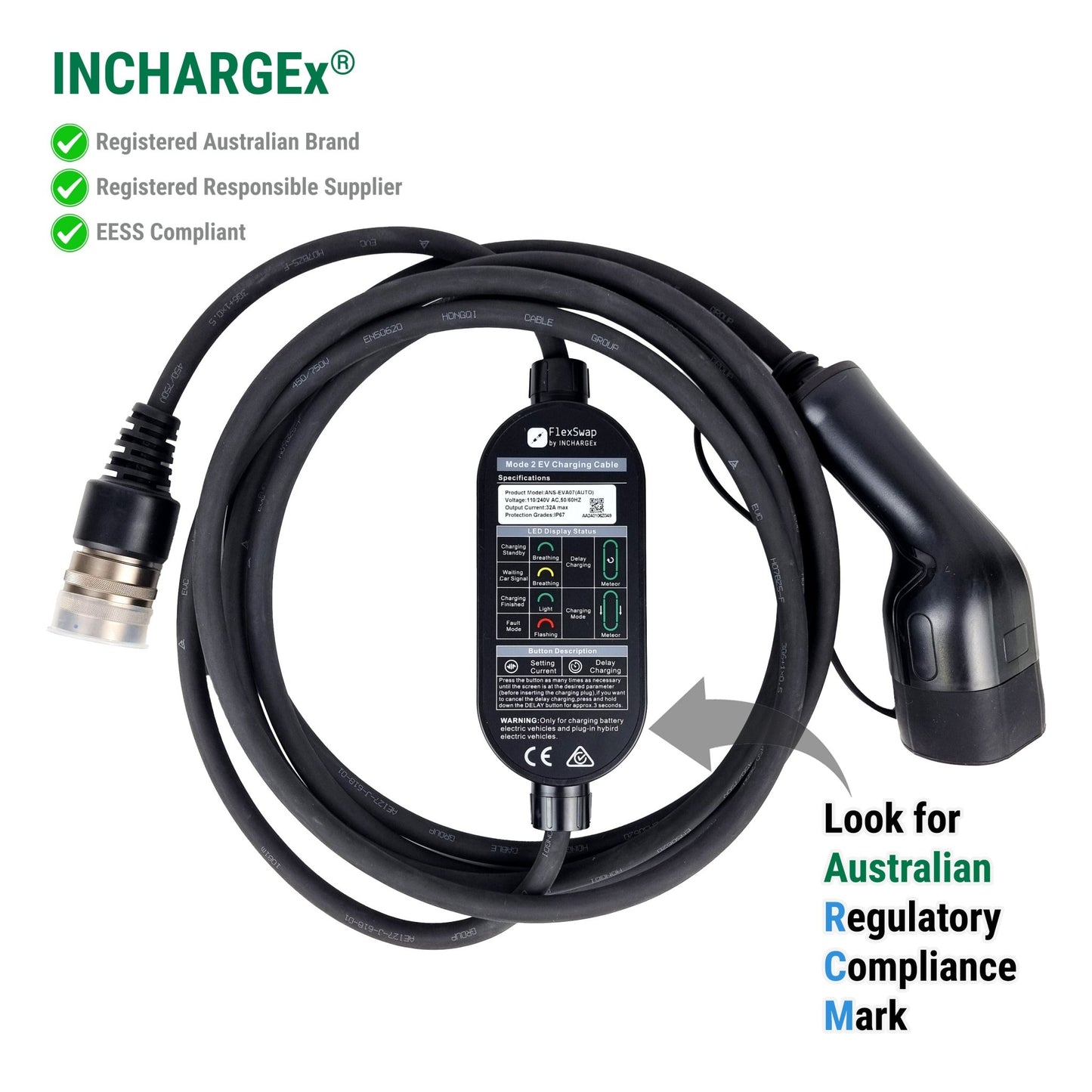 INCHARGEx Build Your Own EV Charger FlexSwap Gen 2 Swappable Tails 10A | 15A | 20A | 32A 7kW to Type 2 Portable EV Charger Body Only 5m Length