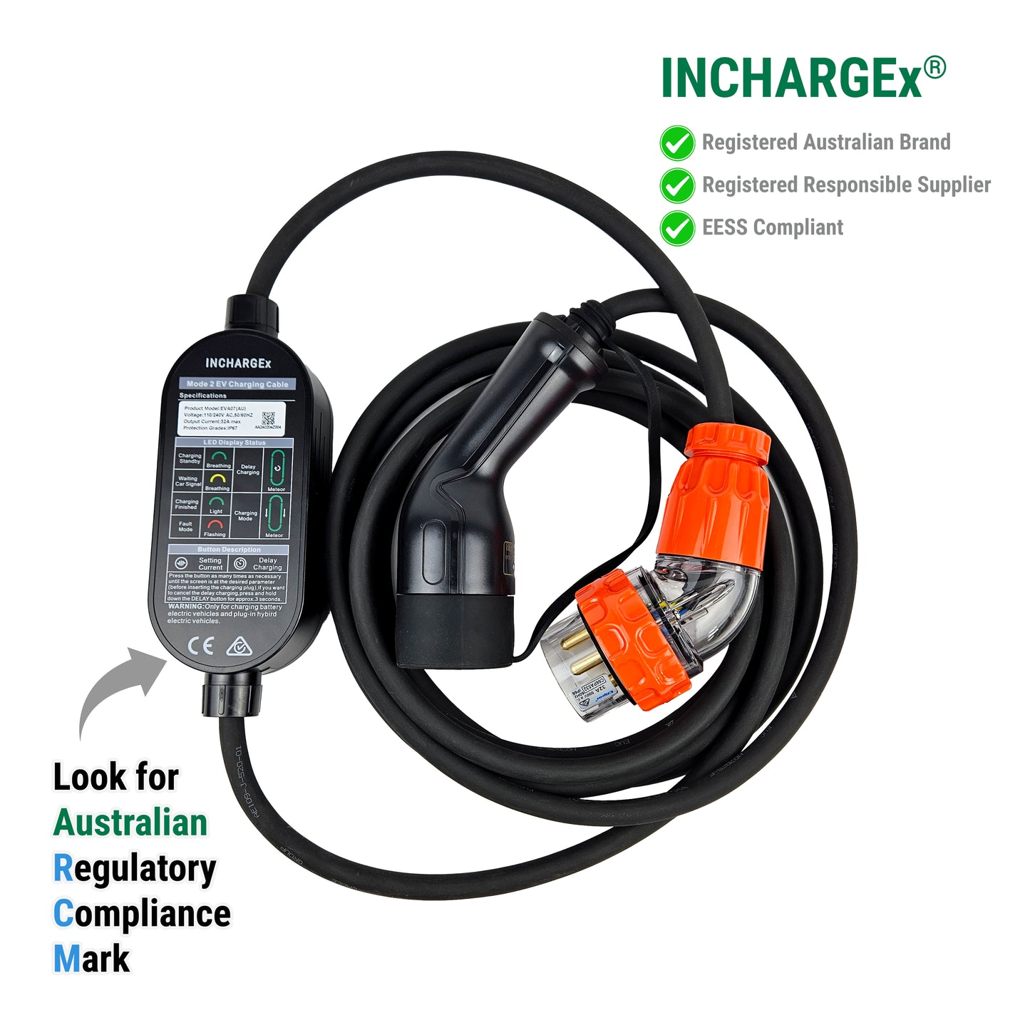 INCHARGEx Premium 32A 7kW Gen 2 Portable EV Charger | 5pin Tail | 7m | Single Phase | Built-in RCD Type B/TypeA+DC6mA | Type 2 Universal Mobile EVSE Max Power Adjustable EV Home Charger Fit Tesla Model 3 Model Y | BYD | MG | Polestar EV Level 2 Mennekes