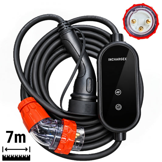 INCHARGEx 32A 3 Pin 7kW Gen 2 Portable Backup Travel EV Charger | 7m | Single Phase | RCD Type B/Type A+DC6mA | Type 2 EVSE | Adjustable Power