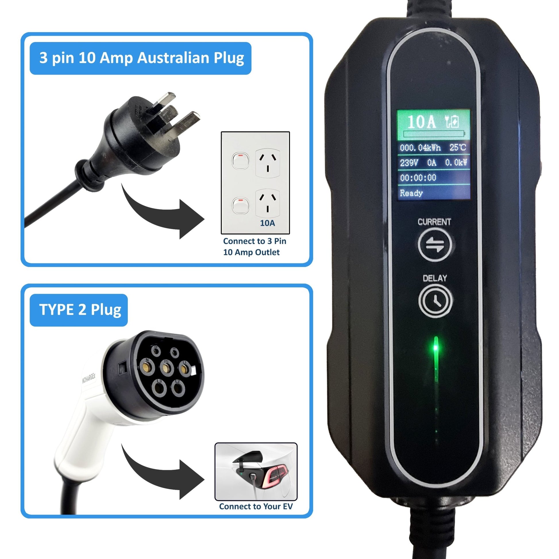 INCHARGEx Portable EV Charger 10A | 3Pin | 2kW | Type 2 | 5 metres Max Power Adjustable Fit Tesla BYD MG EV 3 Pin Australia Plug to Type 2 UMC Replacement - INCHARGEx