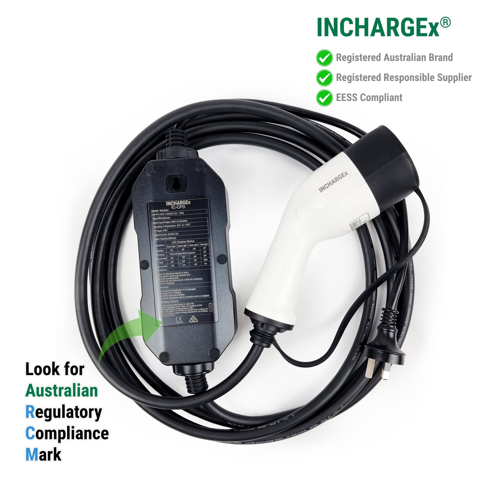 INCHARGEx Portable EV Charger 10A | 3Pin | 2kW | Type 2 | 5 metres Max Power Adjustable Fit Tesla BYD MG EV 3 Pin Australia Plug to Type 2 UMC Replacement - INCHARGEx