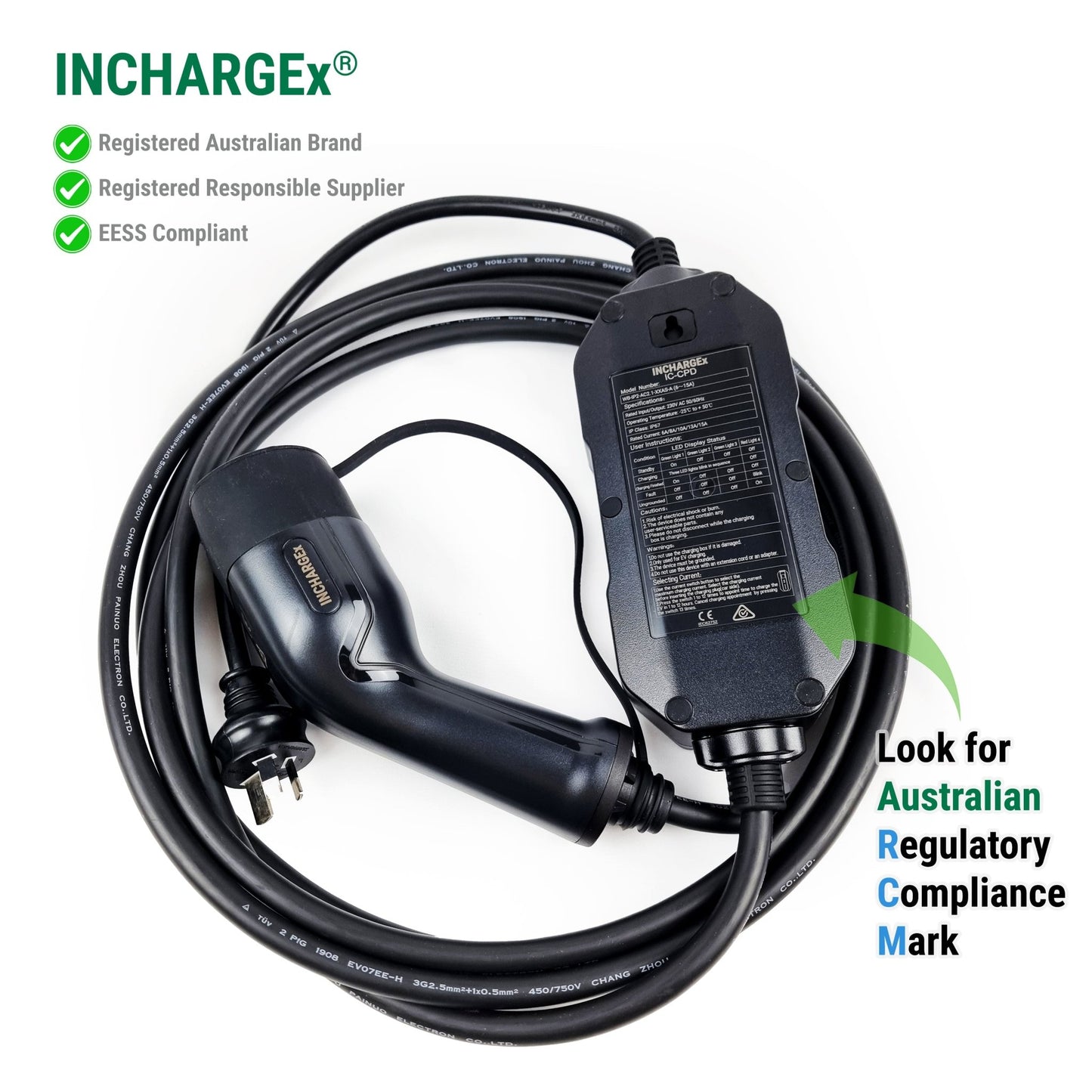 INCHARGEx Portable EV Charger 15 Amp | 3 Pin | 3.4kW | Type 2 Australia Plug 5 metres Max Power Adjustable Fit Tesla Model Y Tesla Model 3 BYD MG EV UMC Replacement - INCHARGEx