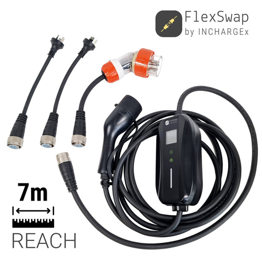 INCHARGEx FlexSwap REACH 7.5m 10A | 15A | 32A to Type 2 Portable EV Charger Swappable Tails | Built-in RCD Type B/TypeA+DC6mA | Fit Tesla BYD Polestar MG EV 2kW 3.5kW 7kW