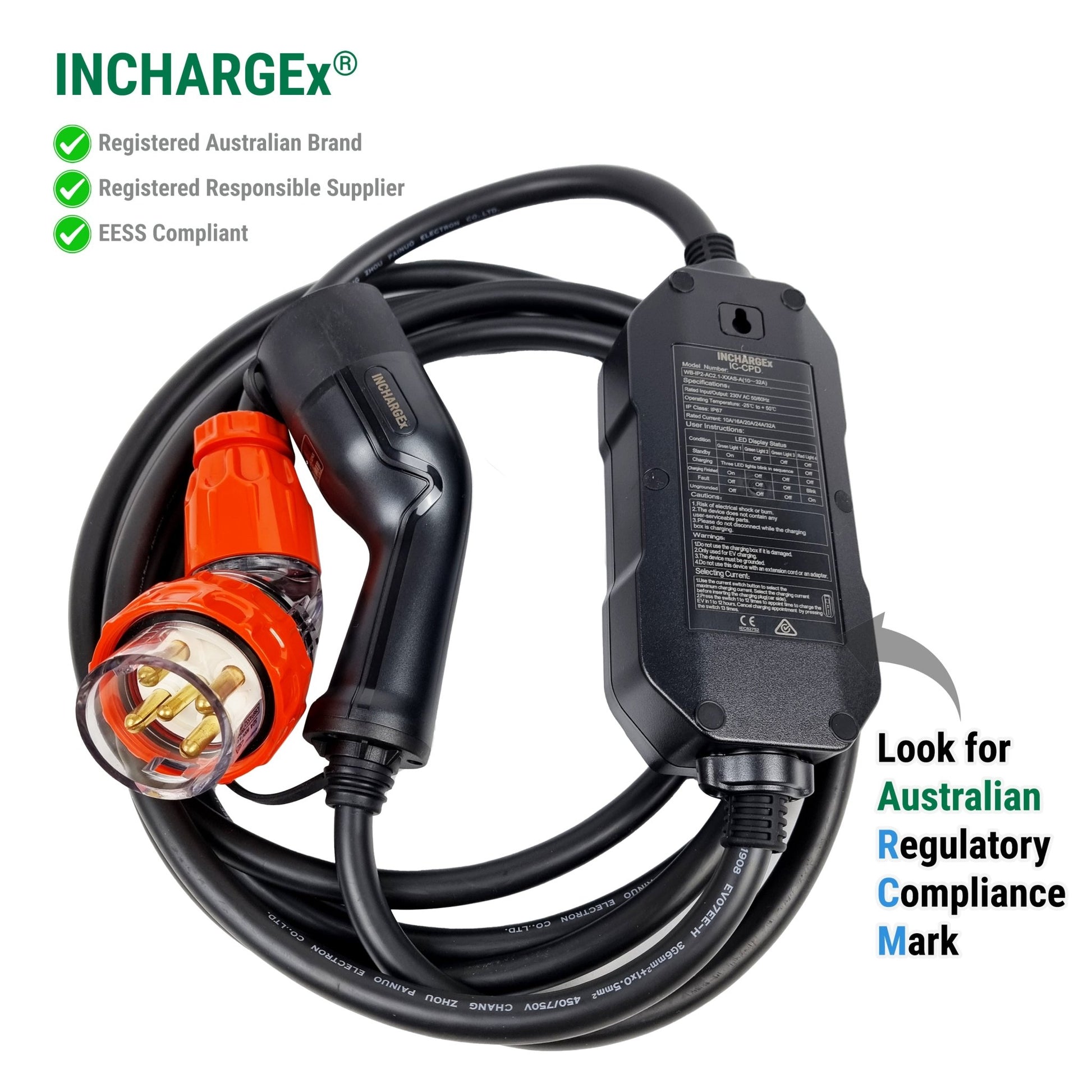 INCHARGEx BYD Perfect Combo 32A 5pin Single Phase 7kW Portable EV Charger & 32A 7kW Type 2 to Type 2 Charging Cable - INCHARGEx